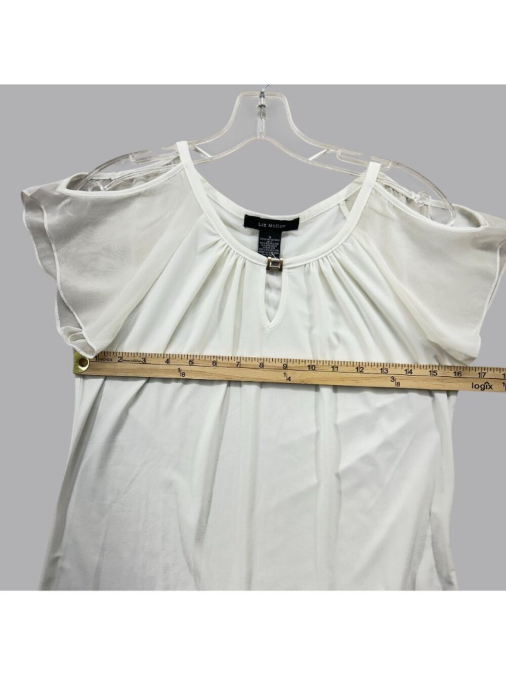 Liz McCoy White Cold Shoulder Sheer Sleeve Blouse Women Size Small Keyhole Top - Picture 7 of 8